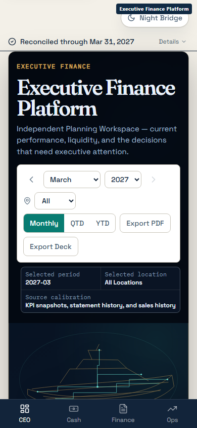 Mobile executive finance workspace with period controls, source calibration, and bottom navigation.